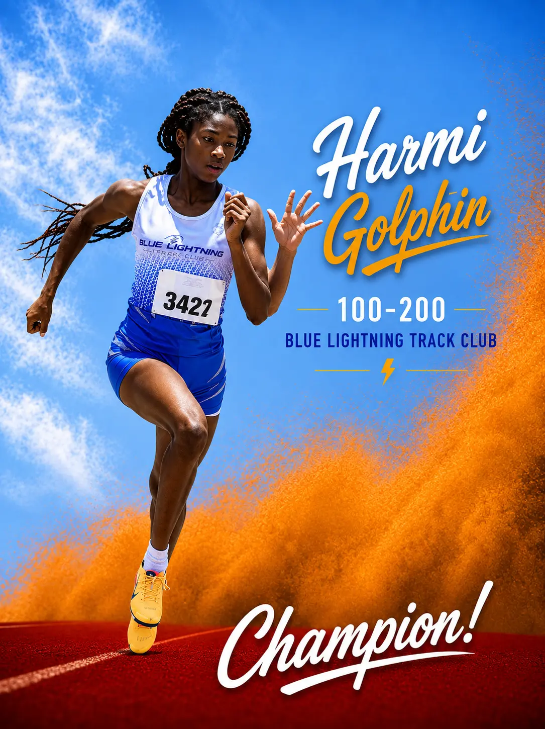 Blue Lightning Champion Harmi Golphin sprinting