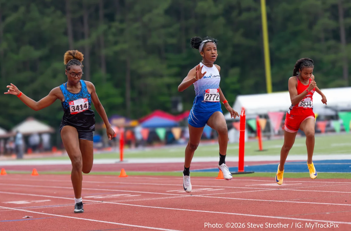 Blue Lightning Champion Maurica Calhoun sprinting at the 2026 AAU Junior Olympics