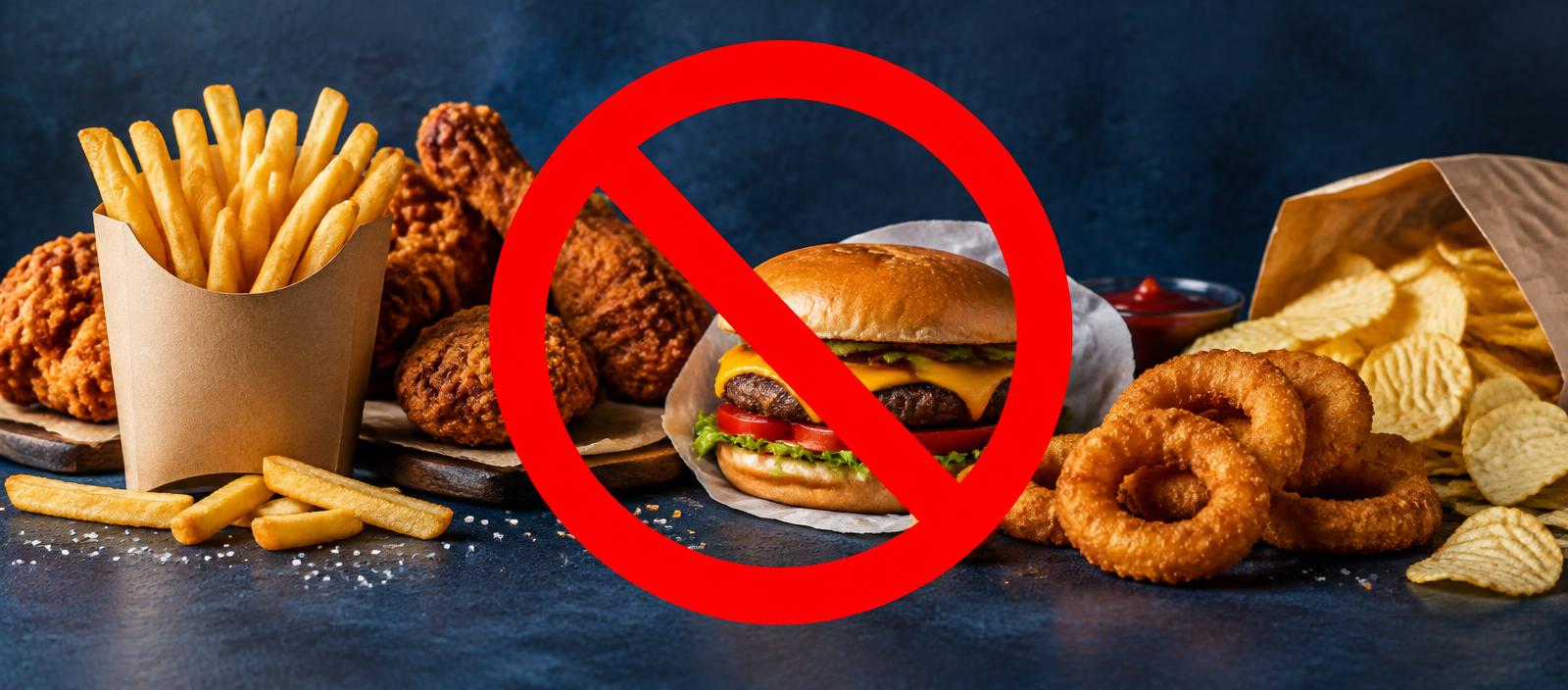 Unbranded fast food and fried foods marked with a red prohibition symbol