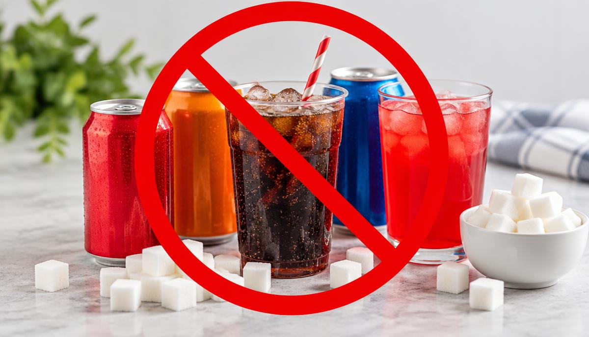 Unbranded sodas and sugary drinks marked with a red prohibition symbol