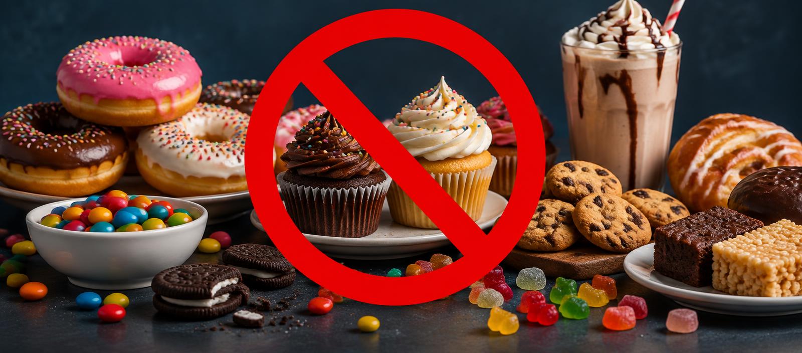 Processed sugary foods and sweets marked with a red prohibition symbol